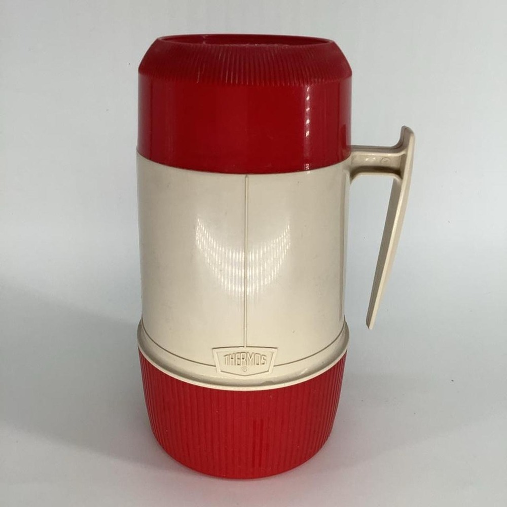 Thermos Vintage Red and Cream Ribbed Wide Mouth Insulated Bottle with Handle